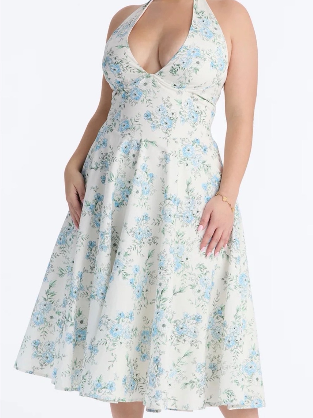 Fashion Nova Ivory Halter Midi Dress with Light Blue Floral